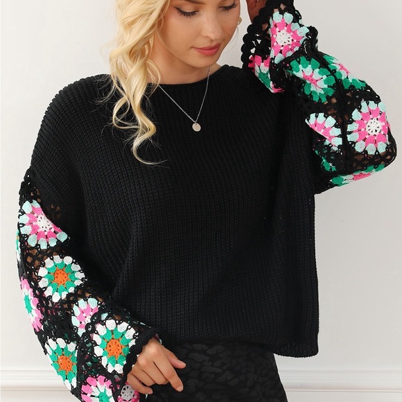 Black Floral Crochet Bell Sleeve Loose sweater Bohemian Blouse - Picture 4 of 16
